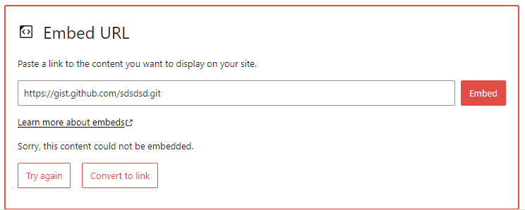 The screenshot of wordpress gist embedding error
