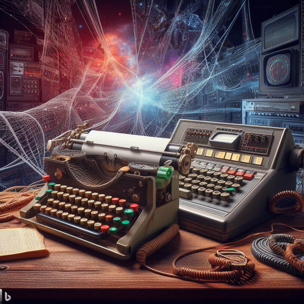 an ancient teletype and a computer connected with fantastic cables that represents CLI vs. Shell